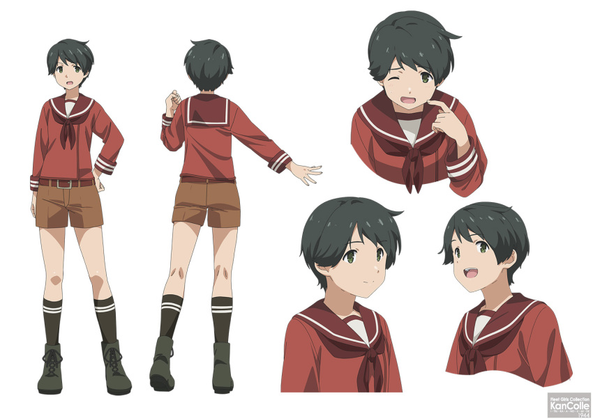 1girl artist_request black_footwear black_hair black_socks boots brown_neckerchief brown_sailor_collar brown_serafuku brown_shorts character_chart commentary_request cross-laced_footwear full_body green_eyes kantai_collection kneehighs lace-up_boots long_sleeves looking_at_viewer mogami_(kancolle) multiple_views neckerchief official_art sailor_collar school_uniform serafuku short_hair shorts simple_background socks standing upper_body white_background