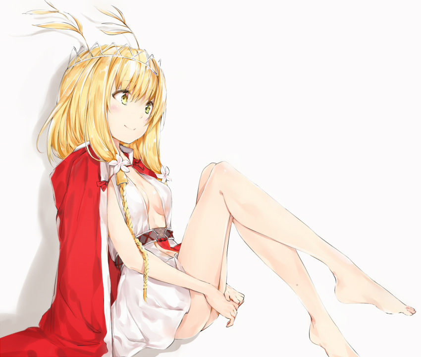 1girl ass bad_hands bangs bare_legs barefoot belt blonde_hair braid breasts cape center_opening cleavage closed_mouth dress eyebrows_visible_through_hair flower hair_flower hair_ornament highres legs_up long_hair medium_breasts own_hands_together red_cape short_dress short_hair silver_(chenwen) simple_background single_braid small_breasts smile solo tareme white_background white_dress yellow_eyes
