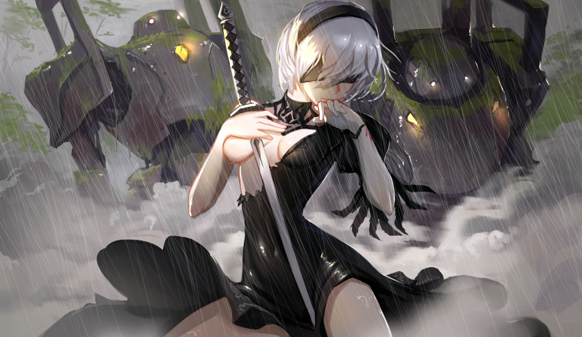 1girl absurdres android black_dress black_hairband blindfold blood blood_on_face blood_on_fingers breasts closed_mouth covered_eyes covered_navel covering covering_breasts cowboy_shot dress hair_over_eyes hairband hand_to_own_mouth hand_up highres holding holding_sword holding_weapon juliet_sleeves legs_apart lihaojie long_sleeves machinery medium_breasts moss nier_(series) nier_automata pod_(nier_automata) puffy_sleeves rain robot short_hair silver_hair solo sword torn_clothes torn_dress turtleneck vambraces weapon wet wet_clothes wet_hair yorha_unit_no._2_type_b