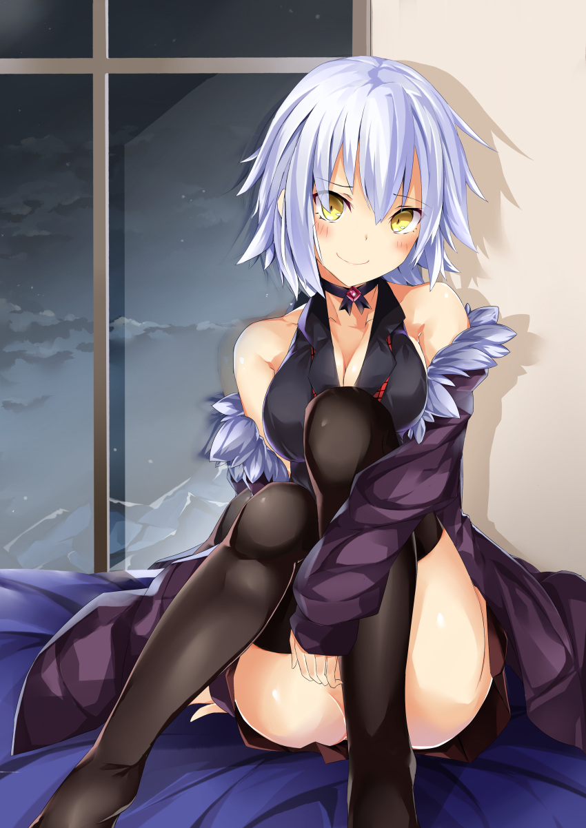 1girl absurdres alternate_costume alternate_hair_color aria_(schwarza97rw0rd) bare_shoulders black_legwear blush breasts cleavage commentary_request eyebrows_visible_through_hair fate/grand_order fate_(series) hair_between_eyes highres indoors jeanne_alter knees_up looking_at_viewer ruler_(fate/apocrypha) short_hair silver_hair smile solo thigh-highs window yellow_eyes