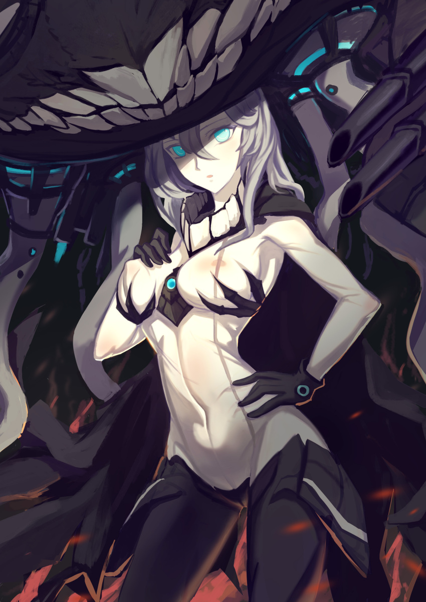 1girl :o absurdres between_breasts black_cape black_gloves blue_eyes bodysuit breasts cannon cape contrapposto covered_navel cowboy_shot erect_nipples gloves hair_between_eyes hand_on_breast hand_on_hip hand_on_own_chest headgear highres kantai_collection legs_apart lihaojie long_hair looking_at_viewer machinery medium_breasts monster open_mouth pale_skin shinkaisei-kan silver_hair skin_tight solo tentacle turret wo-class_aircraft_carrier
