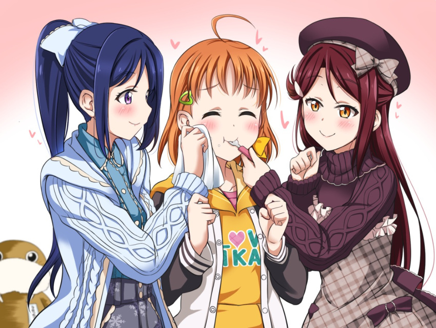 3girls ahoge beret blue_hair feeding hair_ornament hairclip hat heart hoshino_ouka jacket long_hair love_live! love_live!_sunshine!! matsuura_kanan multiple_girls orange_hair plaid ponytail redhead sakurauchi_riko short_hair snowflake_print takami_chika uchicchii