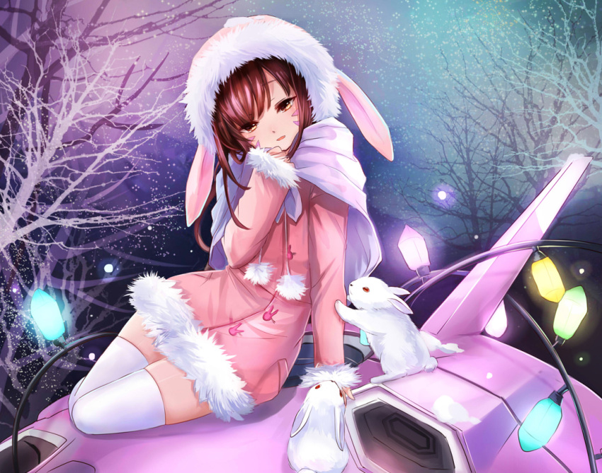 1girl animal animal_hood arm_at_side arm_support bangs bare_tree brown_eyes brown_hair bunny_hood buttons cable capelet coat d.va_(overwatch) facepaint facial_mark fur-trimmed_coat fur_trim hand_to_own_mouth hand_up hood hood_up hooded_coat light_bulb looking_at_viewer m-musume_(catbagel) mecha meka_(overwatch) night night_sky open_mouth overwatch pink_coat pom_pom_(clothes) rabbit sitting sky solo star_(sky) starry_sky thigh-highs tree whisker_markings white_legwear winter_clothes winter_coat yokozuwari