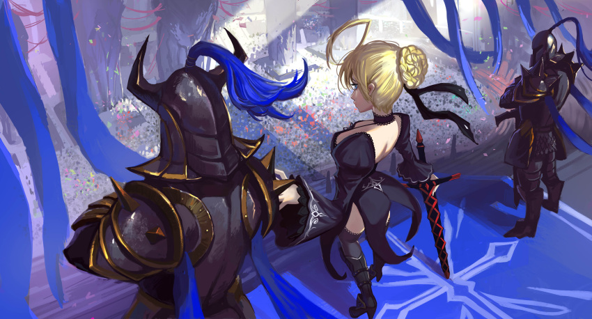 1girl 2boys absurdres ahoge armor bare_shoulders black_choker black_dress black_legwear black_ribbon blonde_hair blue_eyes boots braid breasts choker crossed_arms crowd dark_excalibur dress eyelashes fate/grand_order fate/stay_night fate_(series) faulds french_braid frilled_sleeves frills full_armor full_body gauntlets gothic_lolita greaves hair_ribbon halterneck hand_up helmet high_heel_boots high_heels highres holding holding_sword holding_weapon huge_ahoge juliet_sleeves knight lace-trimmed_choker lace-up_thighhighs lihaojie lolita_fashion long_sleeves looking_at_another multiple_boys pauldrons puffy_sleeves ribbon saber saber_alter small_breasts standing sword thigh-highs weapon