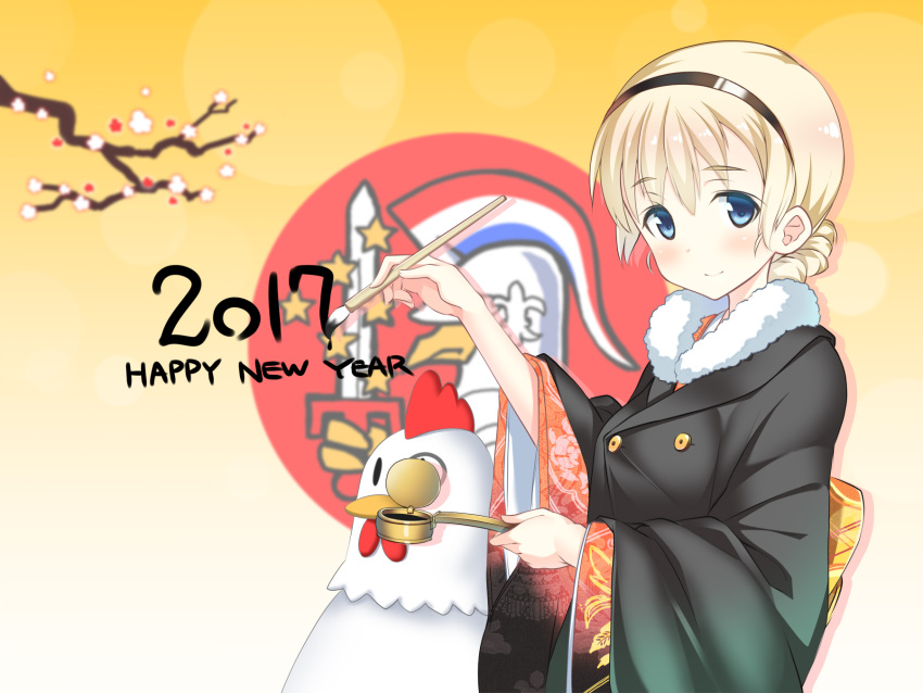 1girl 2017 506th_joint_fighter_wing_(emblem) a9b_(louis814) bird black_coat black_hairband blonde_hair blue_eyes blush braid calligraphy_brush cherry_blossoms chicken closed_mouth emblem english hairband happy_new_year highres holding inkwell japanese_clothes kimono light_smile looking_at_viewer new_year paintbrush rosalie_de_hemricourt_de_grunne solo standing strike_witches tied_hair upper_body world_witches_series writing