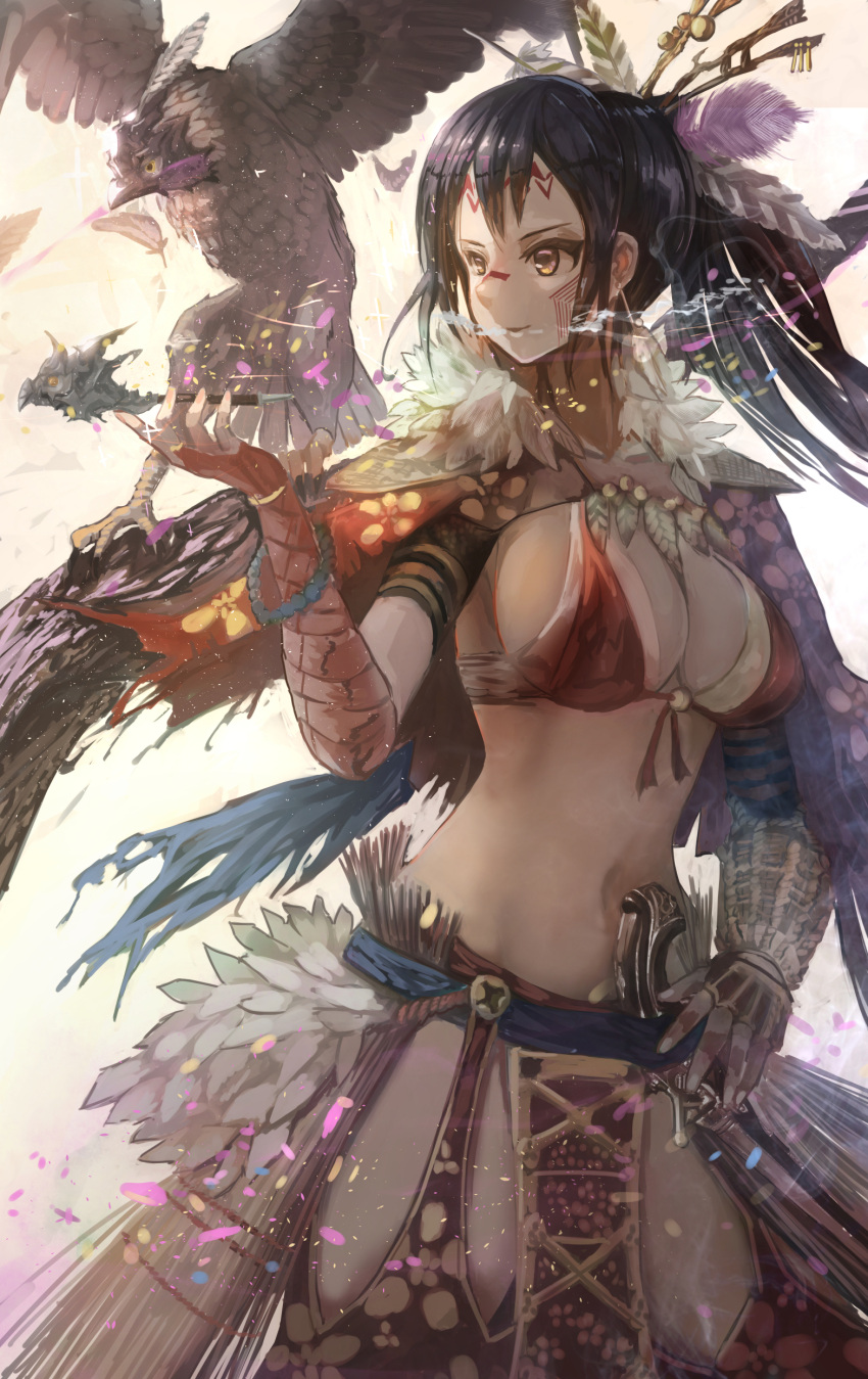 1girl absurdres bangs bird black_hair breasts brown_eyes cleavage cloak cowboy_shot facial_mark feathers fur_trim gloves hand_on_hip highres holding_pipe large_breasts long_hair looking_to_the_side midriff navel original pants parted_lips plaster_(2501) ponytail red_bikini_top red_gloves single_gauntlet smile solo year_of_the_rooster