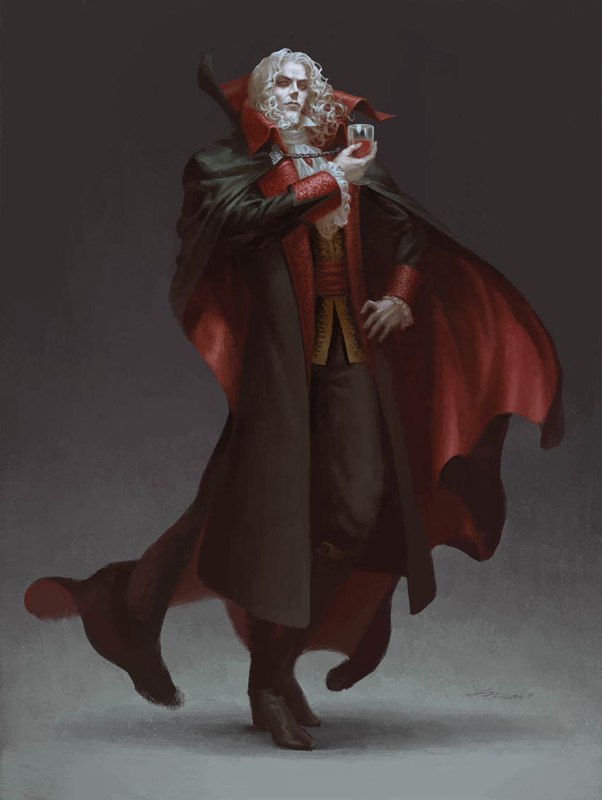 1boy absurdres blood boots cape castlevania coat dracula european_clothes goblet grey_background grey_hair hand_on_hip highres holding licking signature simple_background vampire zhoujialin