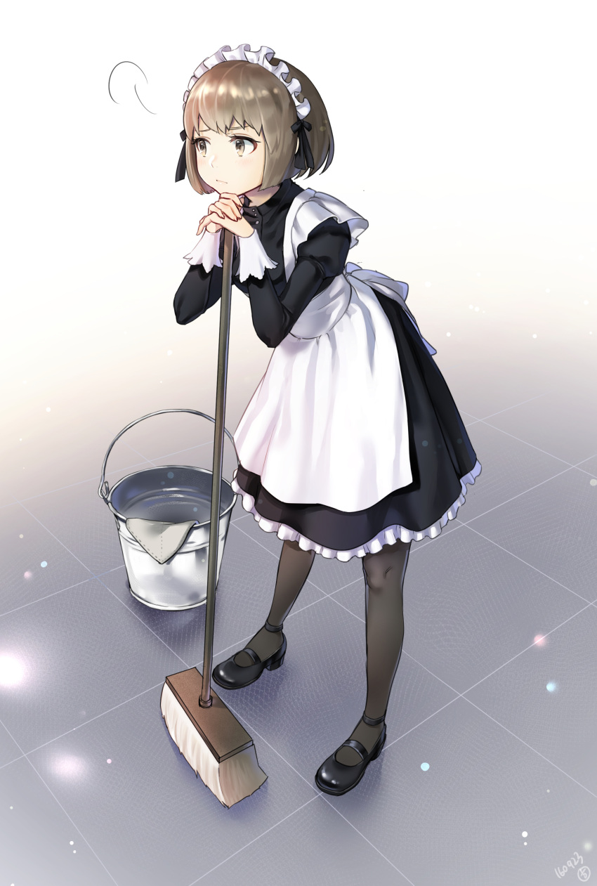 1girl absurdres apron bangs black_legwear blush brown_eyes brown_hair bucket bucket_of_water closed_mouth frilled_apron frills full_body hieung highres leaning_on_object looking_to_the_side maid maid_headdress mary_janes mop original own_hands_together pantyhose shoes short_hair signature solo standing tile_floor tiles