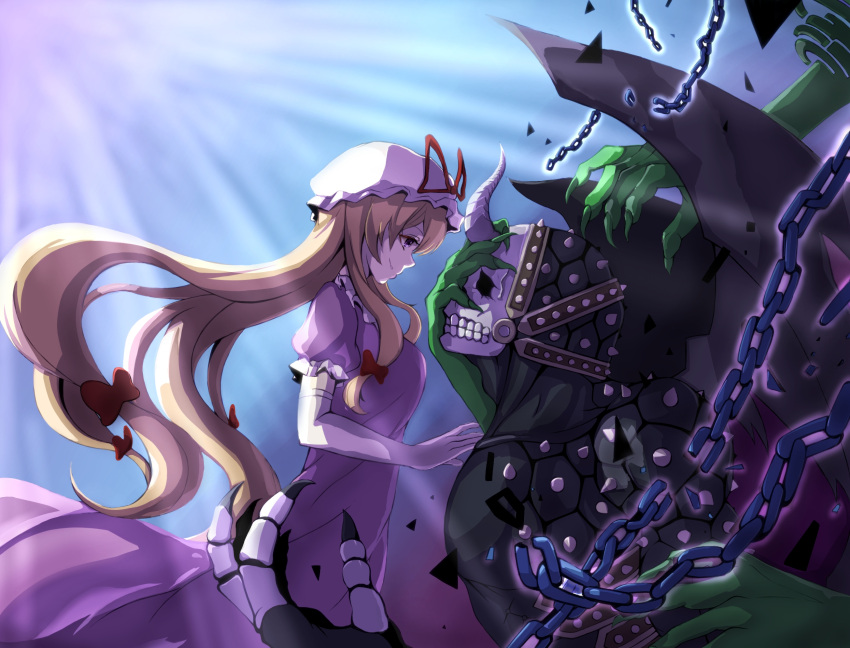 1boy 1girl blonde_hair bow breasts chains closed_mouth crossover demon_wings dress elbow_gloves face-to-face gloves hair_bow hat highres horn ishii_(young-moon) long_hair looking_at_another medium_breasts mob_cap monster profile puffy_short_sleeves puffy_sleeves purple_dress red_bow short_sleeves sidelocks skull sky_scourge_norleras smile spikes touhou very_long_hair violet_eyes white_gloves wings yakumo_yukari yu-gi-oh!