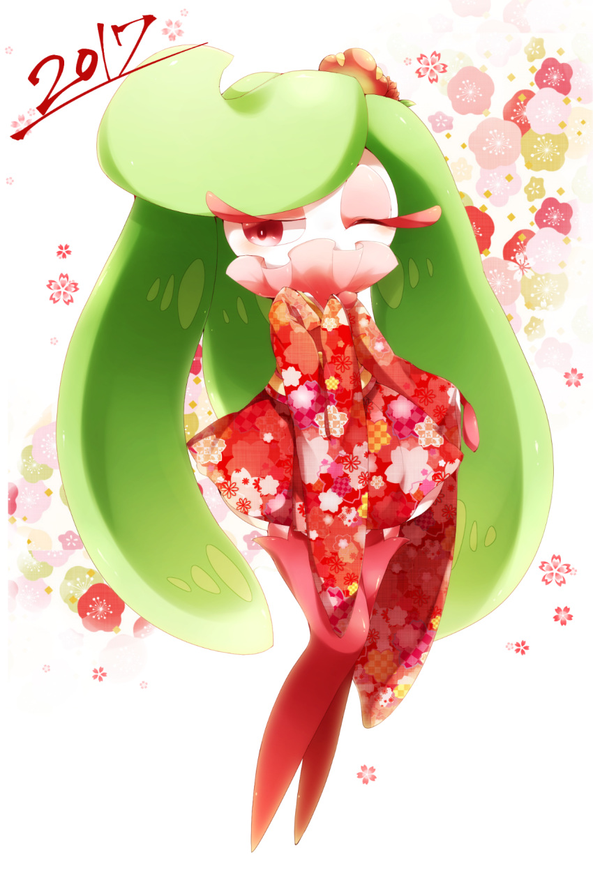 1girl adjusting_collar artist_request bangs blush crown eyelashes eyeshadow floral_background floral_print flower full_body half-closed_eyes highres japanese_clothes kimono leaf legs legs_together long_hair long_sleeves looking_to_the_side makeup mascara mini_crown new_year no_humans one_eye_closed plant_girl pokemon pokemon_(creature) pokemon_(game) pokemon_sm purple_legwear red_kimono solo standing swept_bangs thigh-highs tri_tails tsareena very_long_hair violet_eyes
