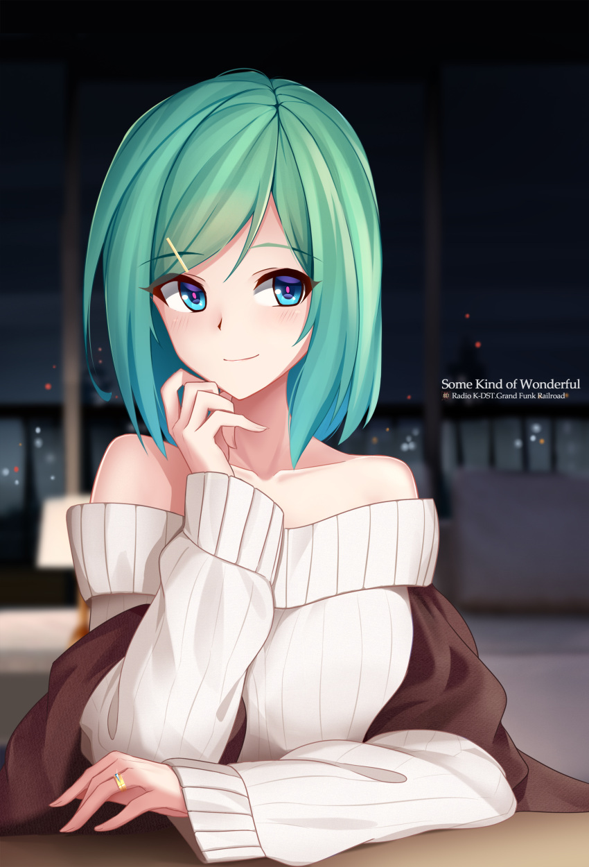 1girl absurdres arnold-s bare_shoulders blue_eyes blush closed_mouth collarbone eyebrows_visible_through_hair green_hair highres jewelry long_sleeves looking_at_viewer off_shoulder original ring short_hair sitting smile sweater