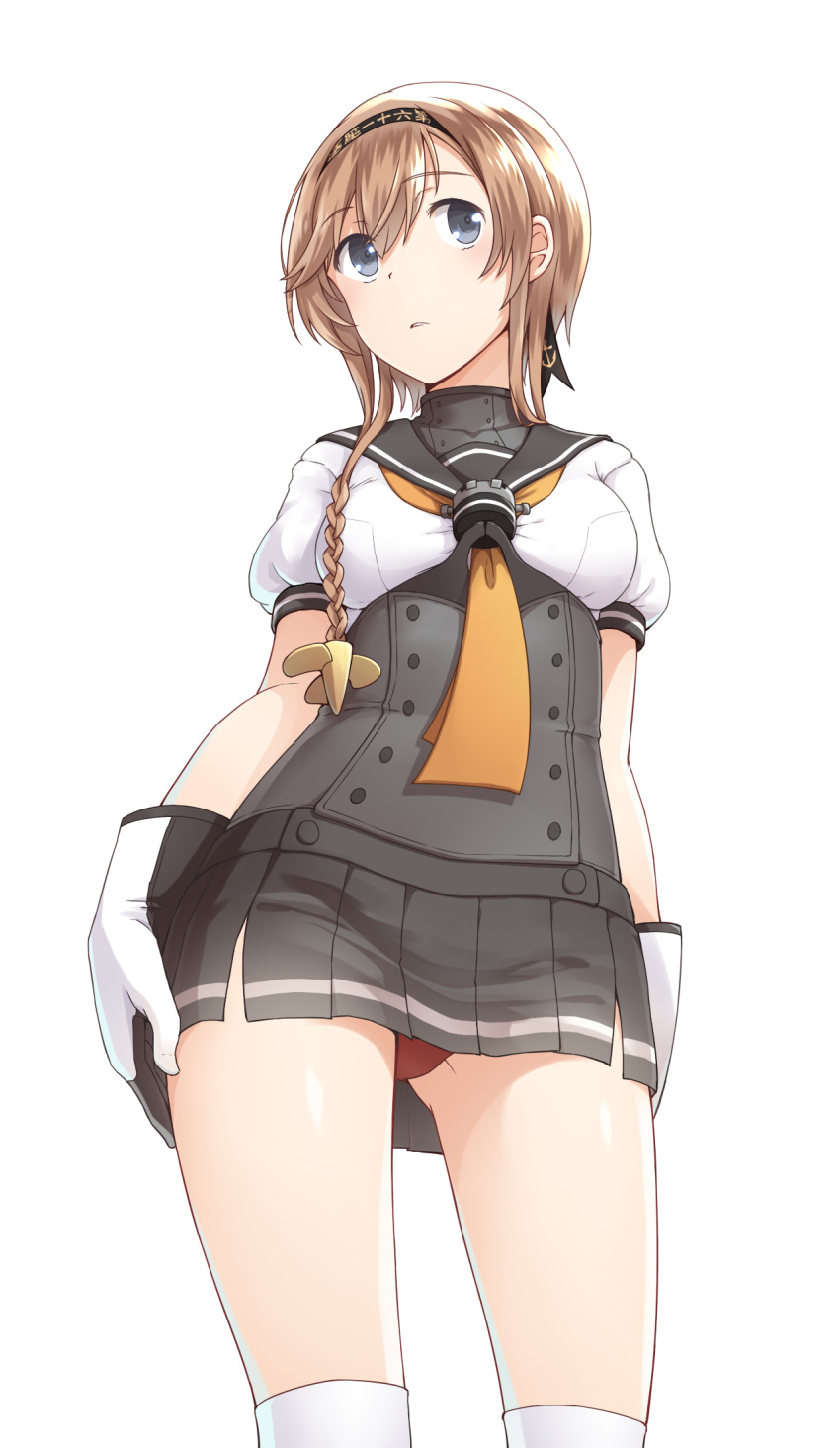 1girl 47_(479992103) black_skirt blue_eyes blush braid breasts brown_hair eyebrows_visible_through_hair gloves gluteal_fold hair_ornament hairband highres kantai_collection looking_up medium_breasts miniskirt neckerchief over-kneehighs panties parted_lips pleated_skirt propeller_hair_ornament red_panties sailor_collar simple_background skirt solo standing teruzuki_(kantai_collection) thigh-highs underwear white_background white_gloves white_legwear