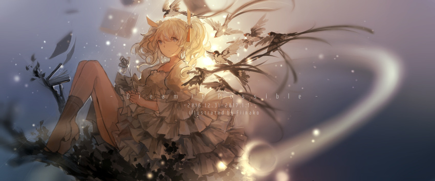 1girl artist_name backlighting bird blonde_hair blue_background blue_eyes book boots branch brown_boots closed_mouth crescent dated dress english flower frilled_dress frills from_side full_body glowing glowworm_(zhan_jian_shao_nyu) gradient gradient_background hair_between_eyes hair_ribbon highres holding holding_flower knees_up leaf looking_at_viewer pages puffy_sleeves ribbon sitting solo text twintails white_dress yi_yu zhan_jian_shao_nyu