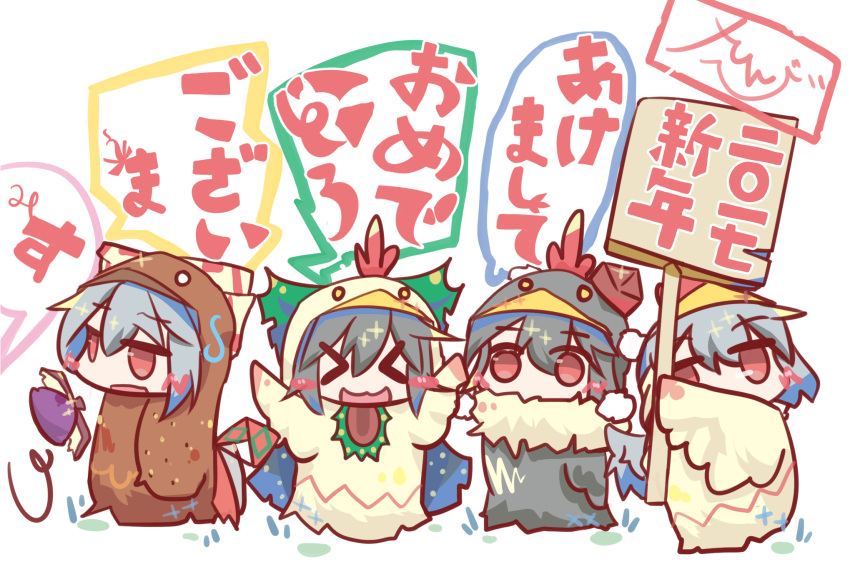 &gt;_&lt; 4girls :d beak bird_costume bird_wings black_hair blush_stickers bow cape chibi closed_eyes eyebrows_visible_through_hair fujiwara_no_mokou grey_hair hair_bow hat hat_removed headwear_removed highres holding jitome kishin_sagume looking_at_another looking_at_viewer looking_to_the_side multiple_girls mystia_lorelei o_o open_mouth pom_pom_(clothes) red_eyes reiuji_utsuho shameimaru_aya single_wing smile third_eye tokin_hat touhou translation_request wings