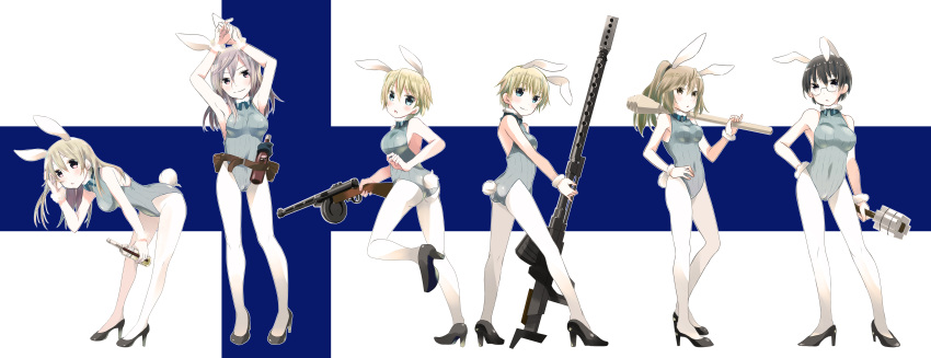 6+girls absurdres adapted_costume alternate_costume animal_ears anti-materiel_rifle armpits arms_up aurora_e_juutilainen belt black_hair blonde_hair blue_eyes bottle bow bowtie brave_witches bunny_tail bunnysuit commentary contrapposto covered_navel eila_ilmatar_juutilainen eini_a_lukkanen explosive finnish_flag full_body glasses grenade grey_eyes gun hand_on_hip hands_up hanna_wind high_heels highres laura_nissinen leaning_forward legs lineup long_hair looking_at_viewer looking_back looking_to_the_side multiple_girls nikka_edvardine_katajainen open_mouth pantyhose panzerfaust ponytail ppsh-41 rabbit_ears rifle short_hair siblings silver_hair sisters sniper_rifle standing standing_on_one_leg strike_witches submachine_gun suomio tail trigger_discipline turtleneck weapon white_legwear world_witches_series