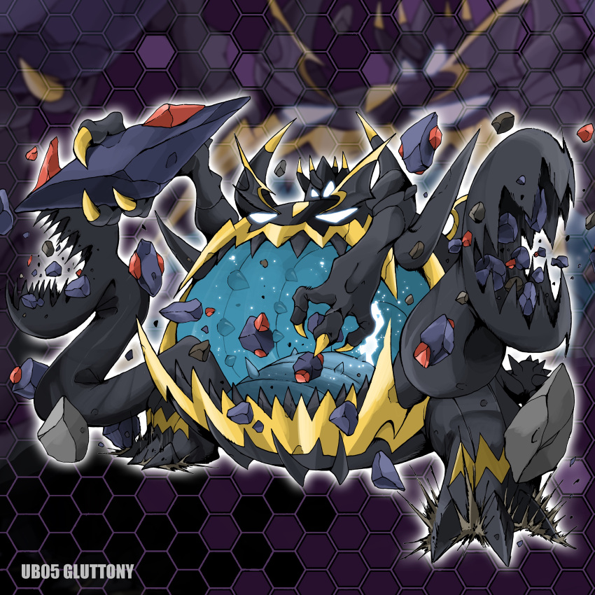absurdres character_name claws death gigalith glowing glowing_eyes guzzlord highres kaeru_dx no_humans open_mouth pokemon pokemon_(game) pokemon_sm solo teeth ultra_beast white_eyes