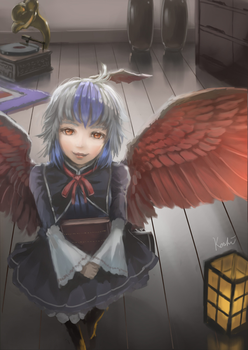 1girl absurdres ahoge artist_name bird_wings black_dress blue_hair book book_hug chest_of_drawers dress eyebrows feathered_wings from_above hands_clasped head_tilt highres holding holding_book indoors koshi_(koshi_vortex) lace-trimmed_sleeves lantern light_smile lips long_sleeves looking_at_viewer looking_up multicolored_hair phonograph red_eyes red_lips red_ribbon ribbon rug silver_hair solo tokiko_(touhou) touhou two-tone_hair vase wings wooden_floor