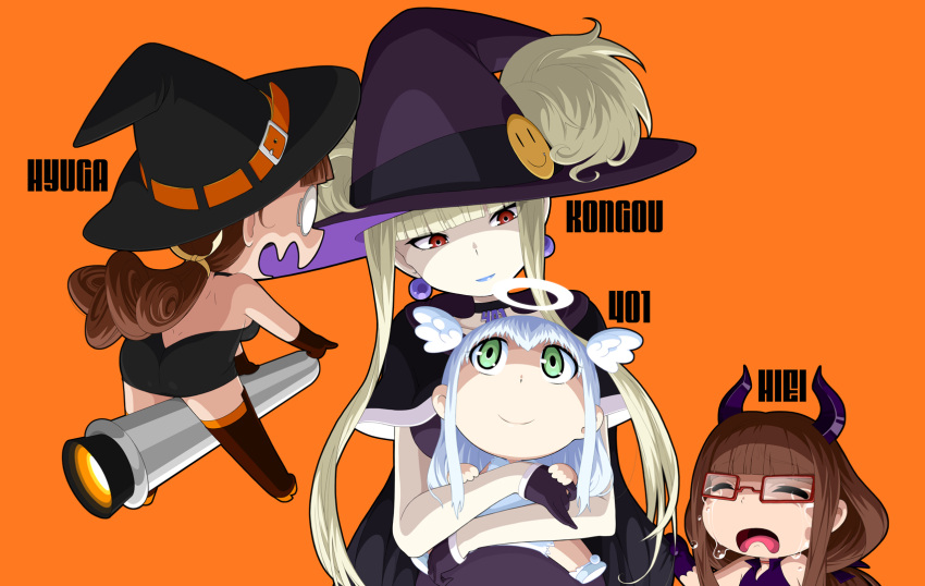 4girls aoki_hagane_no_arpeggio badge black_dress black_gloves blonde_hair blue_hair blue_lipstick boots breasts brown_eyes brown_gloves brown_hair brown_legwear button_badge cape cape_tug character_name chibi choker closed_mouth crying demon_horns dress earrings fang_out glasses gloves green_eyes halloween halloween_costume halo halterneck hat head_tilt hiei_(aoki_hagane_no_arpeggio) highres horns hug hug_from_behind hyuuga_(aoki_hagane_no_arpeggio) iona jewelry kamo_3 kongou_(aoki_hagane_no_arpeggio) lipstick long_hair looking_up low_ponytail makeup medium_breasts monocle multiple_girls number orange_background pointing purple_gloves red-framed_eyewear short_twintails sidelocks simple_background sleeveless sleeveless_dress smile smiley_face strapless strapless_dress thigh-highs thigh_boots twintails very_long_hair white_wings wings witch witch_hat |_|