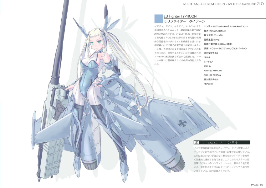 1girl bare_shoulders blonde_hair bridal_gauntlets character_sheet eurofighter_typhoon green_eyes hand_on_hip highres jet_engine long_hair luftwaffe nenchi original personification skin_tight solo translation_request twintails very_long_hair weapon wings