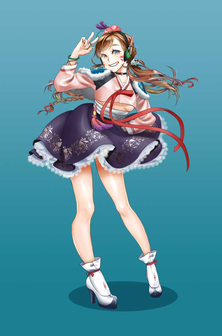 1girl absurdres alternate_costume aqua_background bent_over bracelet braid breasts brown_eyes brown_hair collarbone crop_top d.va_(overwatch) facepaint facial_mark full_body gradient gradient_background grin hair_ribbon hanbok hand_on_hip headphones highres jewelry korean_clothes lace lace-trimmed_skirt leaning_forward long_hair long_sleeves looking_at_viewer looking_to_the_side neck_ribbon overwatch postal_cobe red_ribbon ribbon ring shoes skirt small_breasts smile solo standing under_boob v whisker_markings white_shoes
