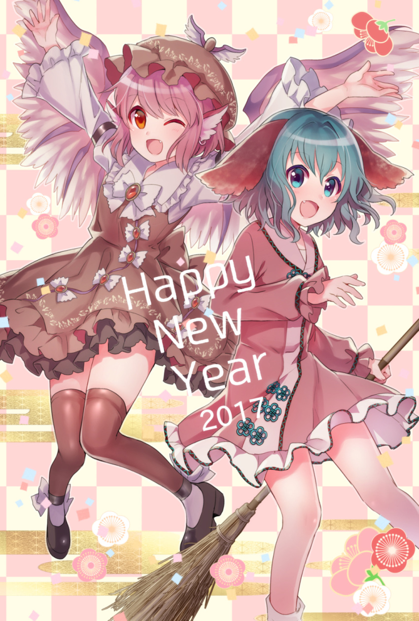 2017 2girls :d ;d animal_ears black_shoes bow bowtie broom brown_dress brown_hat brown_legwear checkered checkered_background dress egasumi fang frilled_hat frilled_sleeves frills green_eyes green_hair happy_new_year hat highres jewelry juliet_sleeves kasodani_kyouko knees_together_feet_apart long_sleeves looking_at_viewer mob_cap multiple_girls mystia_lorelei neme new_year one_eye_closed open_mouth outstretched_arms pink_dress pink_hair puffy_sleeves red_eyes shoes short_hair single_earring smile spread_arms touhou white_bow white_bowtie white_legwear winged_hat wings