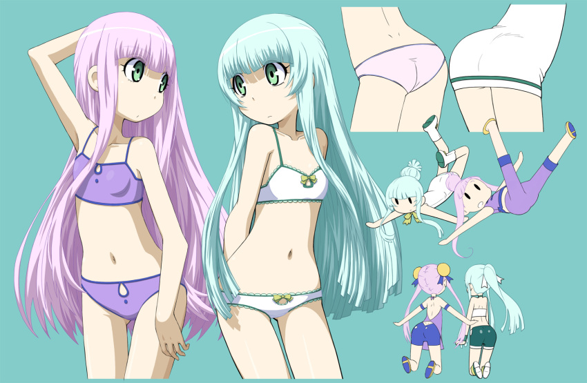 2girls :/ alternate_hairstyle aoki_hagane_no_arpeggio aqua_background arm_up arms_behind_back ass bandeau bike_shorts black_shoes blue_hair boots bow bow_panties bra breasts closed_mouth collarbone cropped_legs dimples_of_venus flat_chest frown gluteal_fold green_eyes hair_bun hair_ribbon hand_behind_head highres i-400_(aoki_hagane_no_arpeggio) i-402_(aoki_hagane_no_arpeggio) kamo_3 kneeling kneepits lavender_hair long_hair looking_at_another looking_away multiple_girls multiple_views navel outstretched_arms panties pants parted_lips ponytail purple_bra purple_panties purple_pants purple_shirt ribbon shirt shoes sidelocks simple_background sleeveless sleeveless_shirt small_breasts solid_oval_eyes sweatband twintails underwear very_long_hair white_boots white_bra white_ribbon