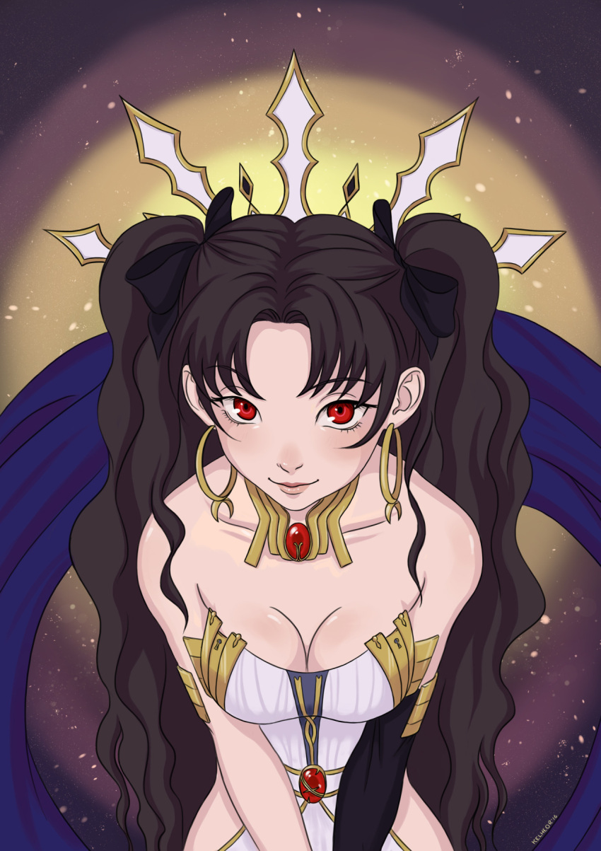 1girl archer_(fate_series) bare_shoulders black_hair breasts crown earrings eugenia_beilschmidt fate/grand_order fate_(series) hair_ribbon highres hoop_earrings ishtar_(fate/grand_order) jewelry long_hair looking_at_viewer red_eyes ribbon smile solo tohsaka_rin two_side_up type-moon