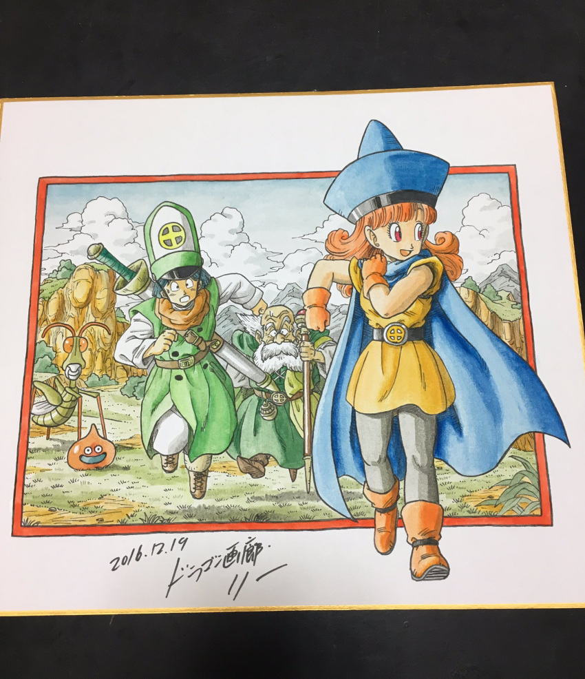 1girl 2boys alena_(dq4) blue_hair boots brey cape character_request cliff clift clouds dated dragon_quest dragon_quest_iv gloves grass highres lee_(dragon_garou) marker_(medium) mountain multiple_boys open_mouth orange_boots orange_gloves orange_hair outside_border photo redhead sheath signature sky slime_(dragon_quest) smile staff sword toriyama_akira_(style) traditional_media weapon white_hair