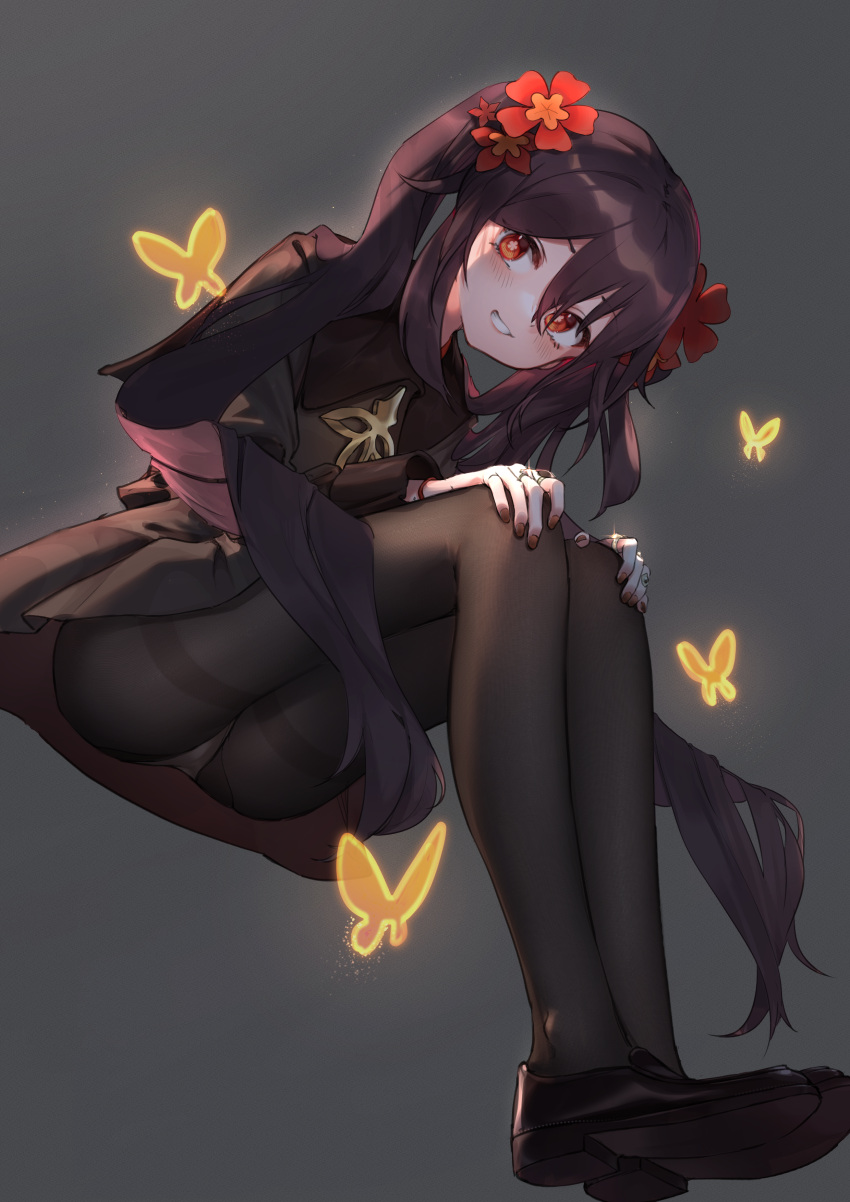 1girl absurdres black_dress black_legwear blush brown_hair bug butterfly dress flower full_body genshin_impact grey_background hair_flower hair_ornament highres hu_tao_(genshin_impact) invisible_chair jewelry long_sleeves looking_at_viewer pantyhose red_eyes ring sameya_(ara7569) shoes simple_background sitting smile solo symbol-shaped_pupils twintails upskirt