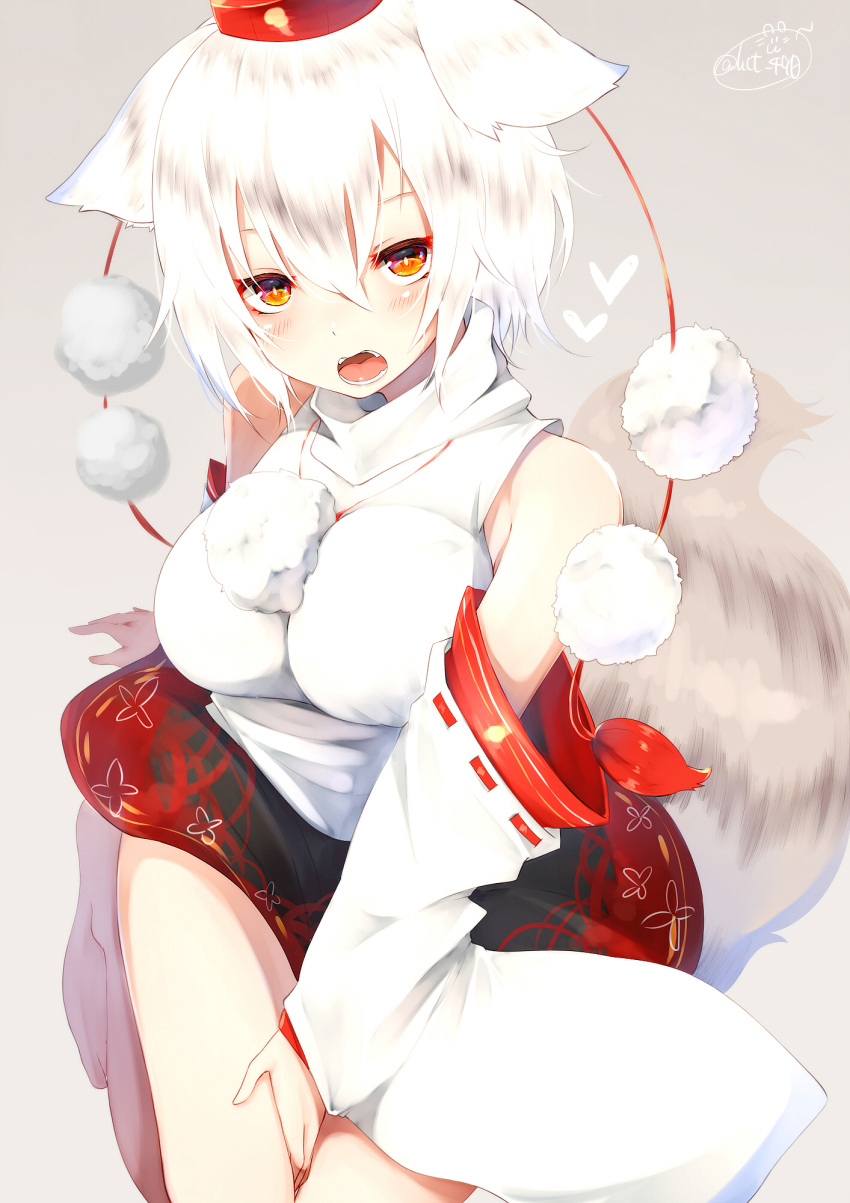 1girl animal_ears bare_shoulders blush breasts chita_(ketchup) detached_sleeves hat highres impossible_clothes inubashiri_momiji large_breasts looking_at_viewer orange_eyes pom_pom_(clothes) red_skirt ribbon-trimmed_sleeves ribbon_trim short_hair simple_background sitting skirt solo tail teeth tokin_hat touhou white_hair wolf_ears wolf_tail