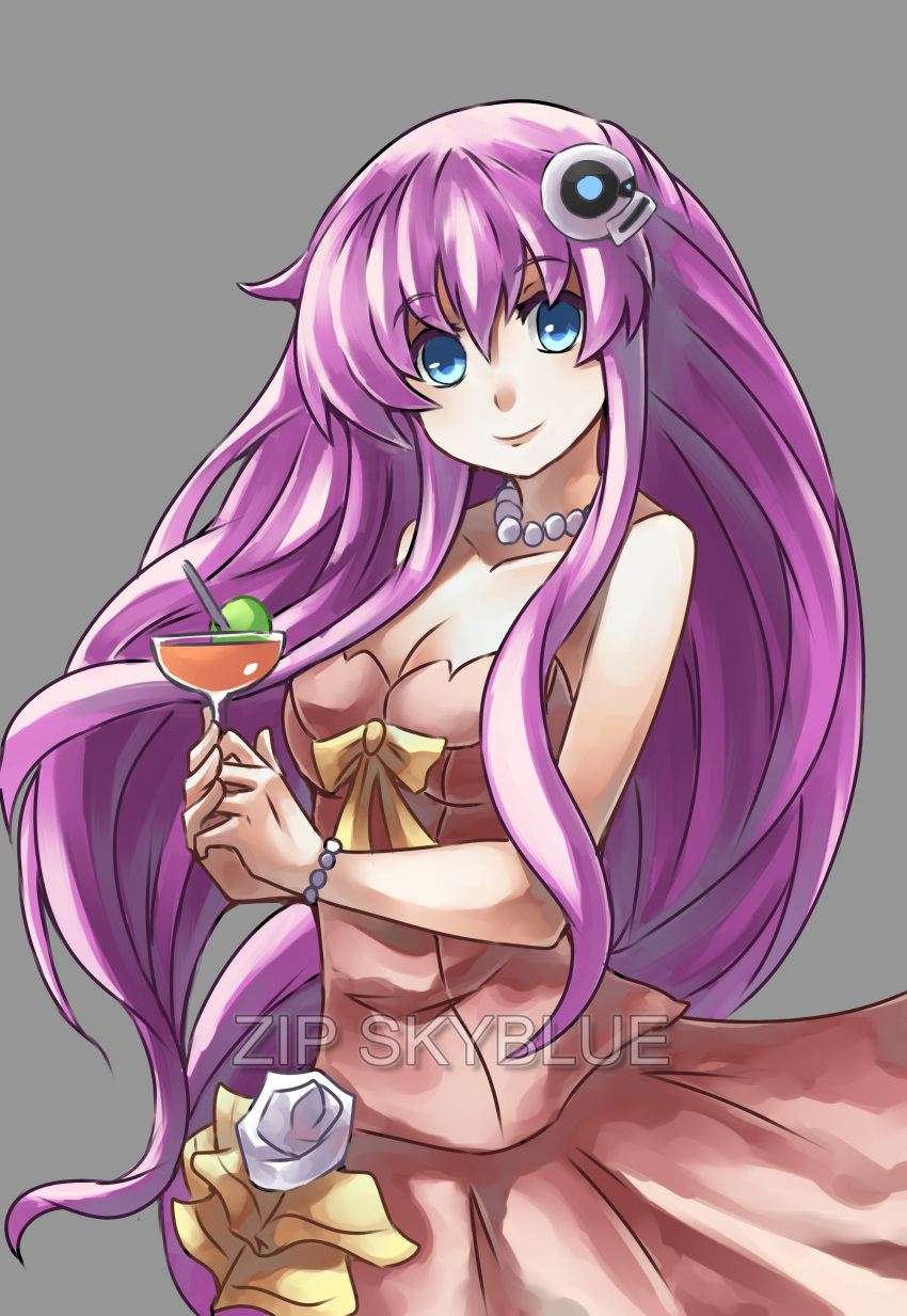 1girl absurdres blue_eyes bracelet breasts choujigen_game_neptune cleavage dress drink glass grey_background hair_ornament highres holding_glass jewelry lips long_hair necklace nepgear neptune_(series) orange_dress pearl_bracelet pearl_necklace pink_hair purple_sister smile solo