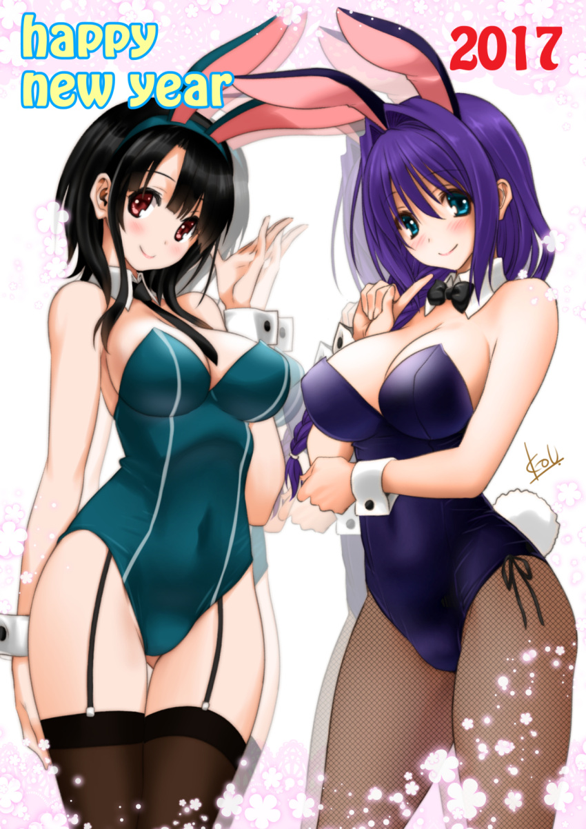 2017 2girls animal_ears bare_shoulders black_hair black_legwear blue_eyes blue_leotard blush bow bowtie braid breasts bunny_tail bunnysuit cleavage covered_navel crossover detached_collar fake_animal_ears finger_to_face fishnet_pantyhose fishnets flower garter_straps gluteal_fold happy_new_year highres kanon kantai_collection large_breasts leotard lips long_hair looking_at_viewer mature minase_akiko mitarashi_kousei multiple_girls necktie new_year pantyhose purple_hair purple_leotard rabbit_ears red_eyes shiny shiny_hair short_hair side-tie_leotard sidelocks signature single_braid smile tail takao_(kantai_collection) thigh-highs wrist_cuffs