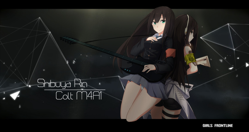 2girls armband assault_rifle black_hair brown_eyes brown_hair character_name girls_frontline green_eyes guitar gun highres idolmaster idolmaster_cinderella_girls instrument long_hair m4_carbine m4a1_(girls_frontline) mag_(mag42) multiple_girls panties pantyshot rifle school_uniform skirt smile underwear weapon white_panties