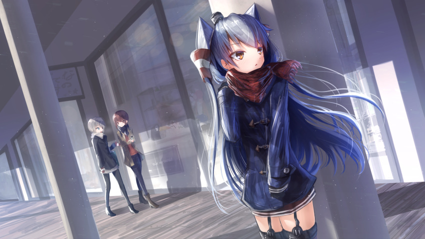 3girls akikan_(10552397) amatsukaze_(kantai_collection) black_scarf blue_eyes boots brown_dress brown_eyes brown_hair casual coat denim dress failure_penguin hair_tubes hand_on_own_shoulder highres holding jeans kantai_collection long_hair miss_cloud multiple_girls outdoors pants red_scarf red_shirt sailor_dress scarf shirt short_hair silver_hair thigh-highs two_side_up white_scarf z1_leberecht_maass_(kantai_collection) z3_max_schultz_(kantai_collection)