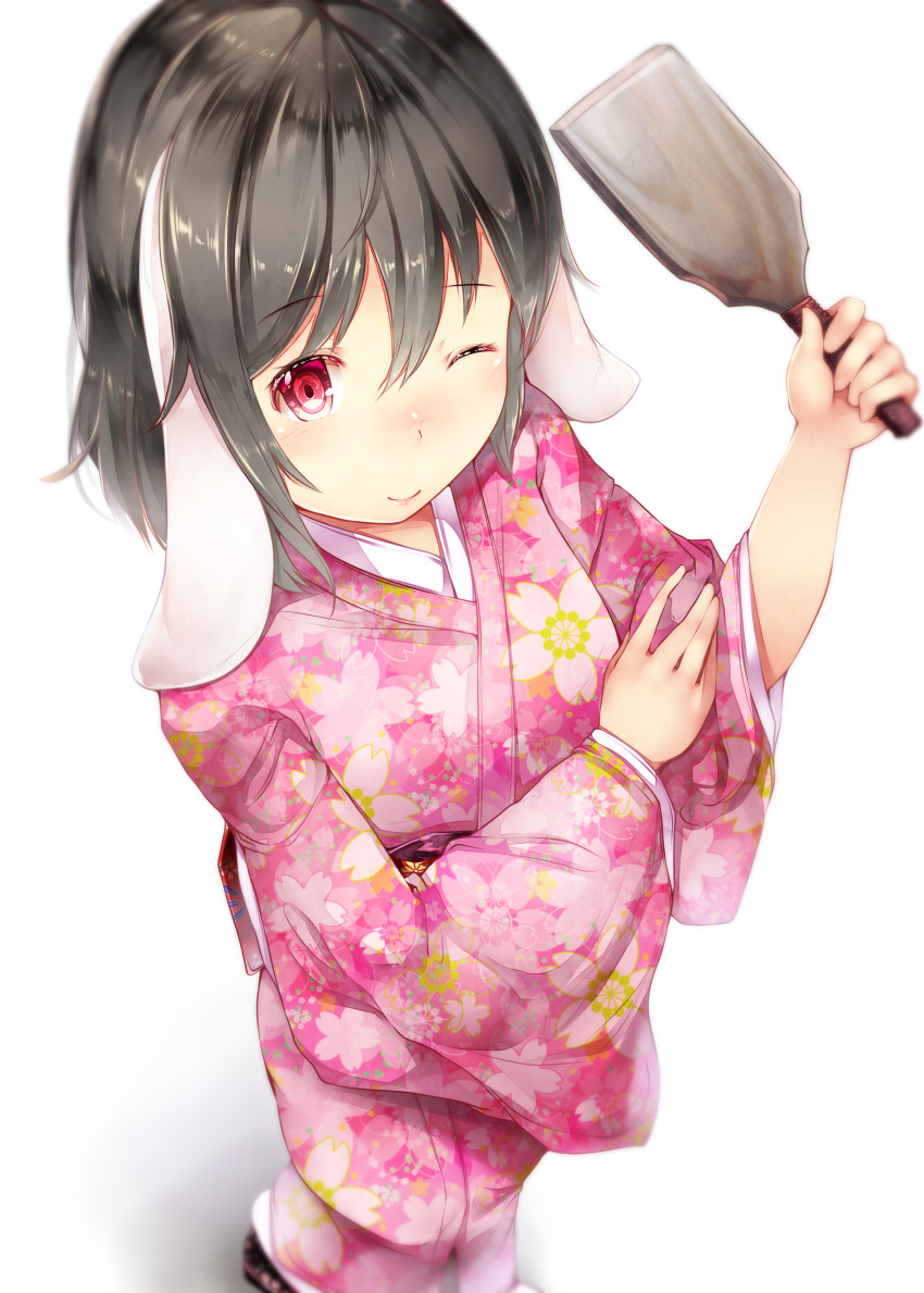 1girl ;) absurdres alternate_costume animal_ears bangs black_hair blush closed_mouth floppy_ears floral_print foreshortening from_above hagoita hair_between_eyes highres inaba_tewi japanese_clothes kimono long_sleeves looking_at_viewer looking_up obi one_eye_closed paddle rabbit_ears red_eyes sash short_hair smile solo standing sugiyuu touhou wide_sleeves