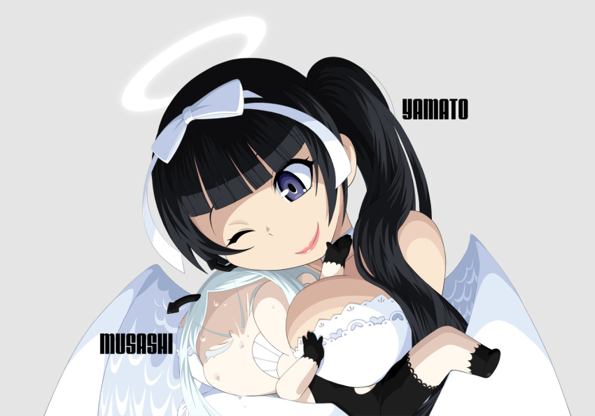 2girls ;) angel_costume aoki_hagane_no_arpeggio bangs between_breasts black_dress black_gloves black_hair blunt_bangs bow breasts character_name cheek_squash clenched_teeth closed_mouth colored_eyelashes dress gloves grey_background hair_bow halloween halloween_costume halo head_tilt kamo_3 large_breasts long_hair lying multiple_girls musashi_(aoki_hagane_no_arpeggio) on_back one_eye_closed outstretched_arm side_ponytail simple_background sleeveless sleeveless_dress smile strapless strapless_dress teeth violet_eyes white_bow white_hair white_wings wings yamato_(kantai_collection)