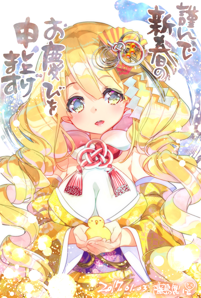 1girl 2017 bird blonde_hair blue_eyes breasts dated flower_knight_girl fujishima-sei_ichi-gou hair_ornament highres japanese_clothes kimono large_breasts long_hair looking_at_viewer multicolored_eyes new_year sandersonia_(flower_knight_girl) signature smile solo twintails upper_body yellow_yukata yukata