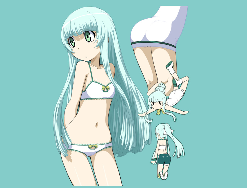 1girl alternate_hairstyle aoki_hagane_no_arpeggio aqua_background arms_behind_back ass bandeau bike_shorts black_shoes blue_hair boots bow bow_panties bra closed_mouth collarbone cropped_legs flat_chest frown gluteal_fold green_eyes hair_bun hair_ribbon i-402_(aoki_hagane_no_arpeggio) kamo_3 kneeling kneepits long_hair looking_away multiple_views navel panties ponytail ribbon shoes sidelocks simple_background solid_oval_eyes sweatband underwear very_long_hair white_boots white_bra white_ribbon