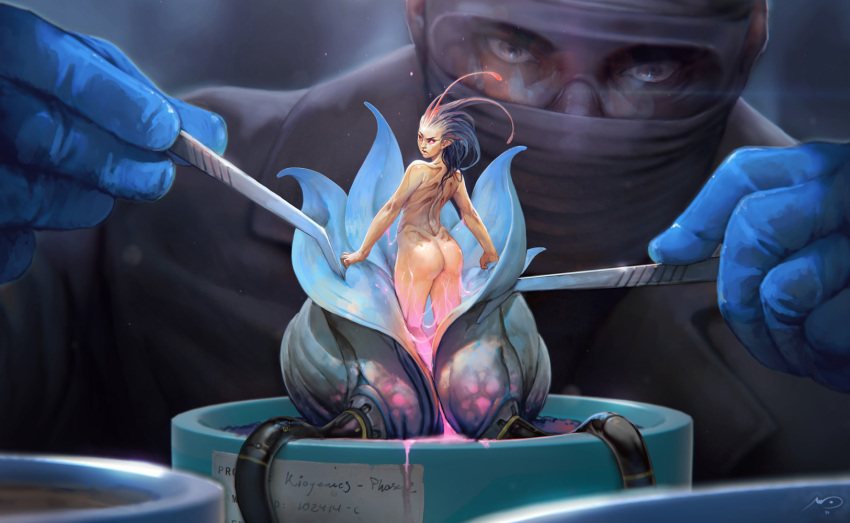 1boy 1girl antenna_hair ass back bare_shoulders black_hair bloom cable commentary face_mask from_behind gloves glowing glowing_eyes highres labcoat long_hair looking_at_viewer looking_back marc_brunet mask nude original plant pointy_ears signature slime violet_eyes