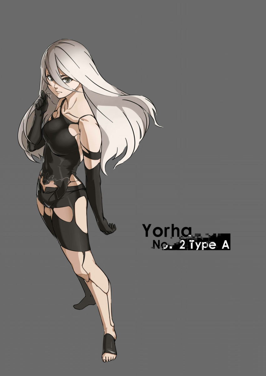 1girl android brown_eyes elbow_gloves gloves highres long_hair nier_(series) nier_automata robot_joints short_shorts shorts solo tank_top toeless_socks toes yorha_type_a_no.2