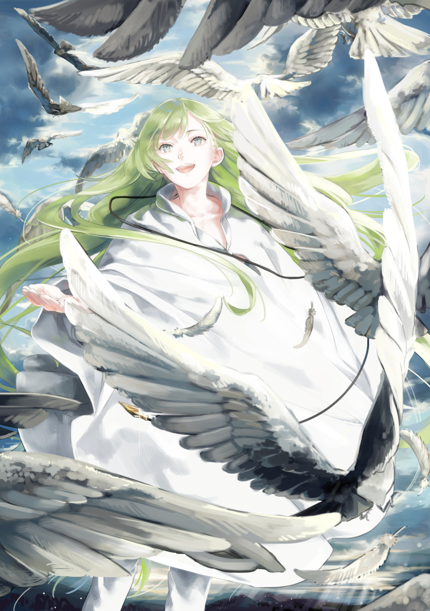 1boy :d androgynous bangs bird blue_eyes commentary_request cupping_hand enkidu_(fate/strange_fake) fate/strange_fake fate_(series) feathers green_hair highres long_hair mizutame_tori open_mouth poncho smile solo