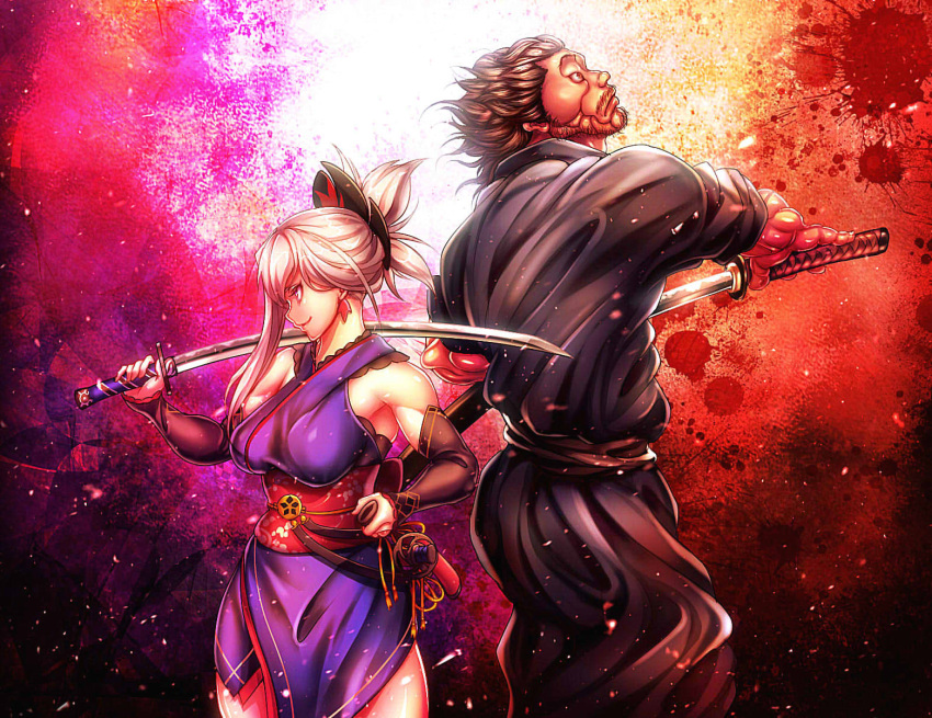 1boy 1girl armpits bare_shoulders breasts brown_hair cherry_blossoms commentary_request earrings facial_hair fate/grand_order fate_(series) grappler_baki hangetsuban_sonshou highres holding holding_sword holding_weapon japanese_clothes jewelry katana kimono large_breasts looking_up miyamoto_musashi_(baki) miyamoto_musashi_(fate/grand_order) mustache obi open_mouth pink_hair ponytail sash smile sword thigh-highs weapon