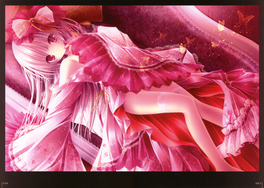 1girl absurdres bow butterfly dress hair_bow highres huge_filesize long_hair looking_at_viewer lying nail_polish on_back open_clothes open_dress original pink_bow pink_dress pink_hair red_eyes red_nails solo thigh-highs tinker_bell
