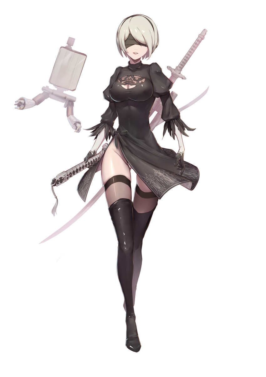 1girl arms_at_sides bangs black_boots black_dress black_gloves black_legwear blindfold boots breasts cleavage covered_eyes dress facing_viewer full_body gloves hairband highres holding holding_sword holding_weapon katana liu_lan mole mole_under_mouth nier_(series) nier_automata panties parted_lips pod_(nier_automata) puffy_sleeves robot shiny shiny_clothes short_dress short_hair side_slit silver_hair simple_background skindentation swept_bangs sword sword_behind_back thigh-highs thigh_boots underwear vambraces walking weapon white_background white_panties yorha_unit_no._2_type_b