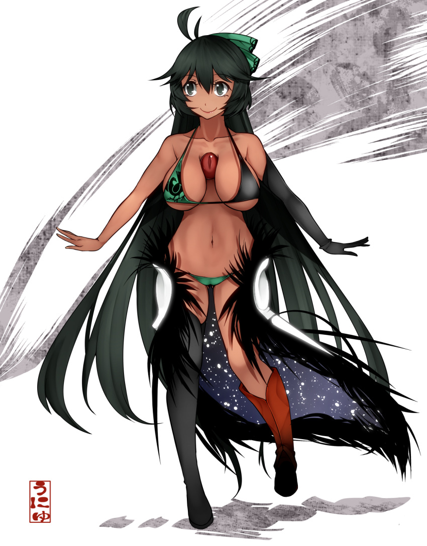 1girl adapted_costume ahoge aoshima arms_at_sides asymmetrical_clothes asymmetrical_legwear between_breasts bikini black_eyes black_gloves black_hair black_legwear boots bow breasts cape collarbone dark_skin elbow_gloves eyebrows_visible_through_hair feathers full_body gloves gluteal_fold hair_between_eyes hair_bow highres large_breasts long_hair looking_away navel outstretched_arms red_eyes reiuji_utsuho single_boot single_glove single_thighhigh skindentation slit_pupils smile solo stomach swimsuit thigh-highs third_eye touhou under_boob very_long_hair