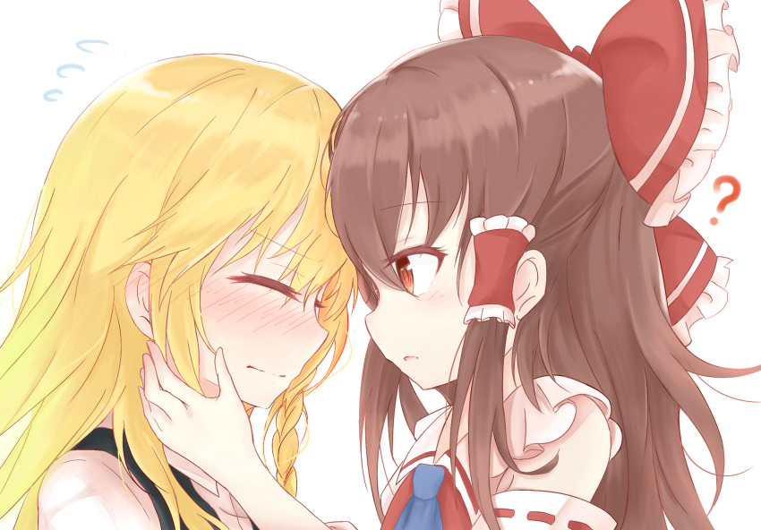 2girls :o ? angry bare_shoulders blonde_hair blush bow braid brown_eyes brown_hair closed_eyes clueless commentary detached_sleeves face-to-face flying_sweatdrops from_side hair_bow hair_tubes hakurei_reimu hand_on_another's_face highres kirisame_marisa long_hair multiple_girls no_hat no_headwear posuino_kuro-chan profile touhou yuri