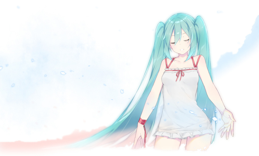 1girl arm_ribbon breasts closed_eyes collarbone cowboy_shot dress fhang frilled_dress frills green_hair hair_between_eyes hatsune_miku light_particles long_hair medium_breasts parted_lips red_ribbon ribbon sleeveless sleeveless_dress solo twintails very_long_hair vocaloid white_background white_dress
