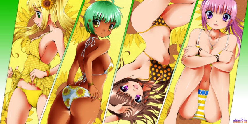 4girls adjusting_clothes adjusting_swimsuit ass bangs bikini black_bikini blonde_hair bracelet breasts brown_hair closed_mouth commentary cowboy_shot dr_rex dress dress_lift floral_background floral_print flower from_behind green_eyes green_hair hair_flower hair_ornament jewelry long_hair looking_at_viewer looking_back medium_breasts multiple_girls necklace open_mouth original panties pink_hair polka_dot print_bikini short_dress short_hair sideboob sitting smile standing striped striped_bikini sundress sunflower swimsuit tan underwear upside-down violet_eyes yellow_bikini yellow_dress yellow_panties