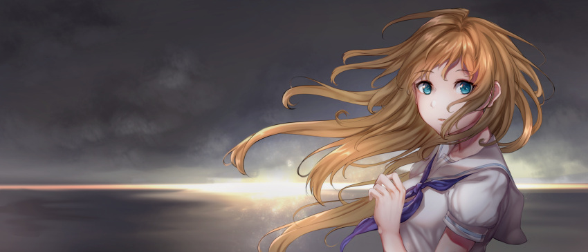 1girl absurdres aqua_eyes blonde_hair eyebrows_visible_through_hair floating_hair from_side highres long_hair looking_at_viewer oohoshi_awai outdoors saki school_uniform serafuku shirt solo sunset upper_body white_shirt yamaori