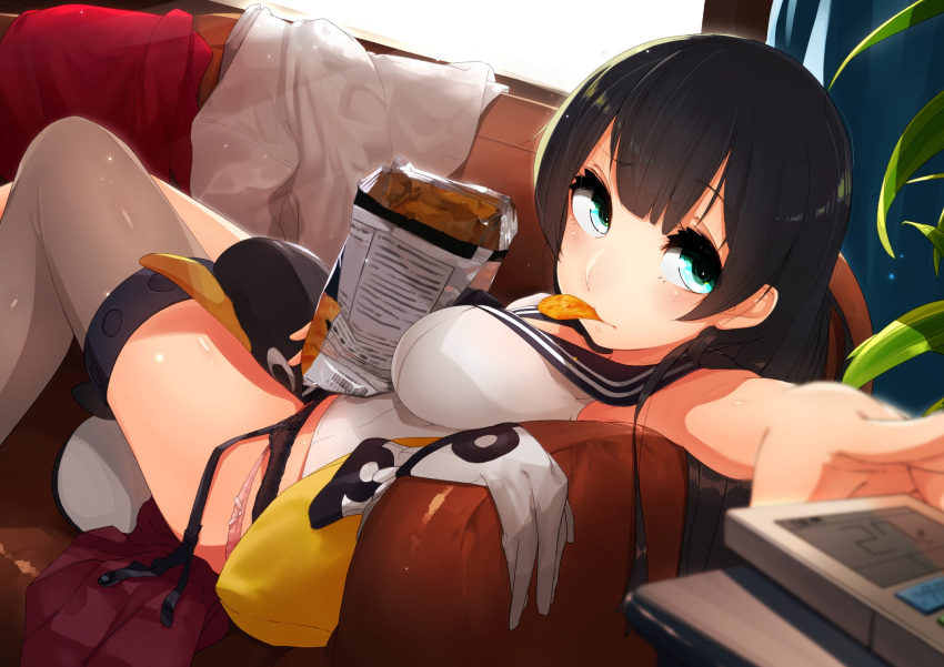 1girl agano_(kantai_collection) bag_of_chips bangs bare_arms bare_shoulders between_legs black_hair blurry blush breasts brown_legwear chips couch day depth_of_field dutch_angle eyebrows_visible_through_hair failure_penguin food foreshortening garter_straps gloves gloves_removed green_eyes highres indoors kantai_collection light_particles long_hair looking_at_viewer lying medium_breasts mouth_hold no_panties on_back on_couch outdoors panties pink_panties plant potted_plant red_skirt shirt single_thighhigh skirt skirt_removed sleeveless sleeveless_shirt solo suginoji sunlight tareme thermometer thigh-highs underwear white_gloves